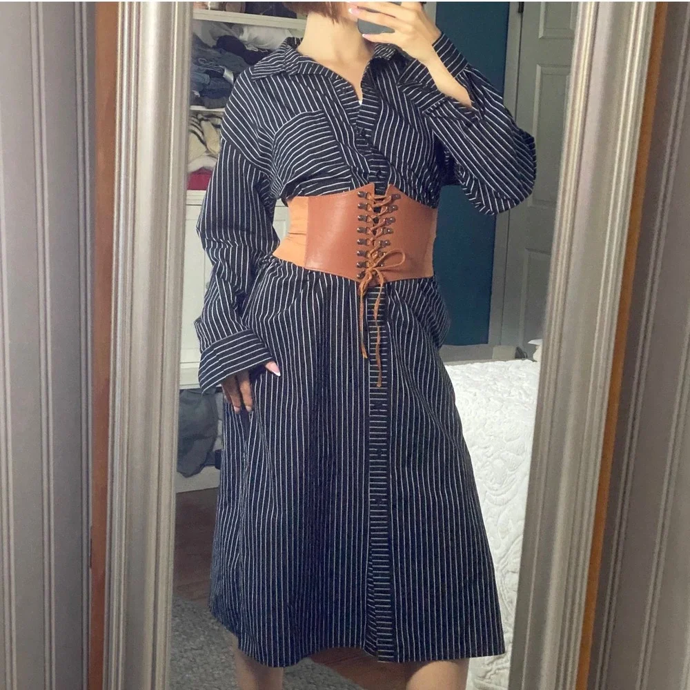 A New Day Preppy Black Pinstripe Midi Shirt Dress Dark Academia Ruched - Size M